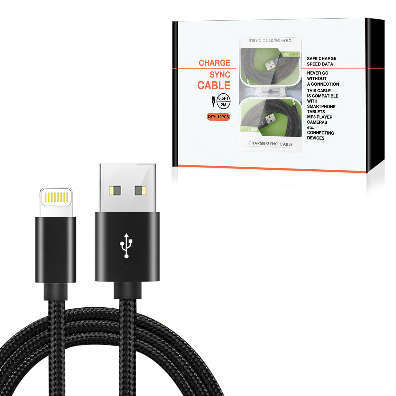 8-PIN Fast Charge/Sync Cable 6.5 ft In Black