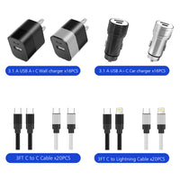 2.4A USB A + C WALL /charger 3.1 A usb a+ c car charger /3 ft c to c cable /3ft c to lightning cable in counter display total 72pcs