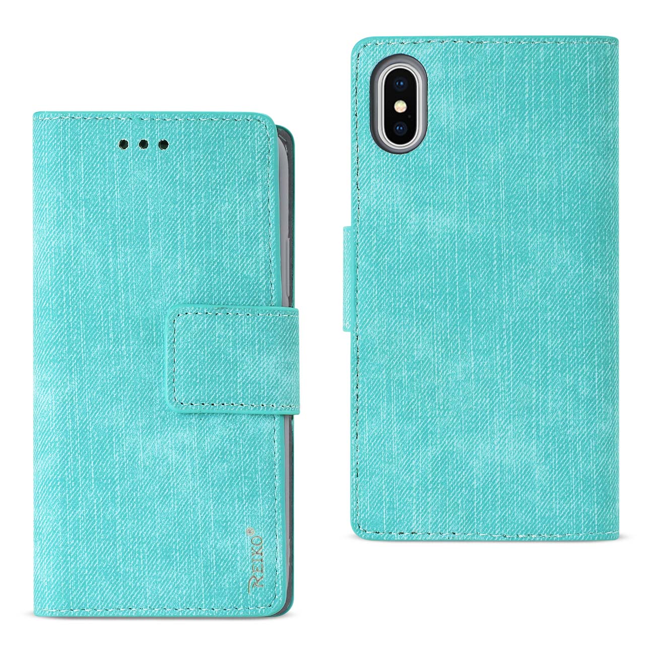 REIKO iPhone X/iPhone XS DENIM WALLET CASE WITH GUMMY INNER SHELL AND KICKSTAND FUNCTION IN BLUE