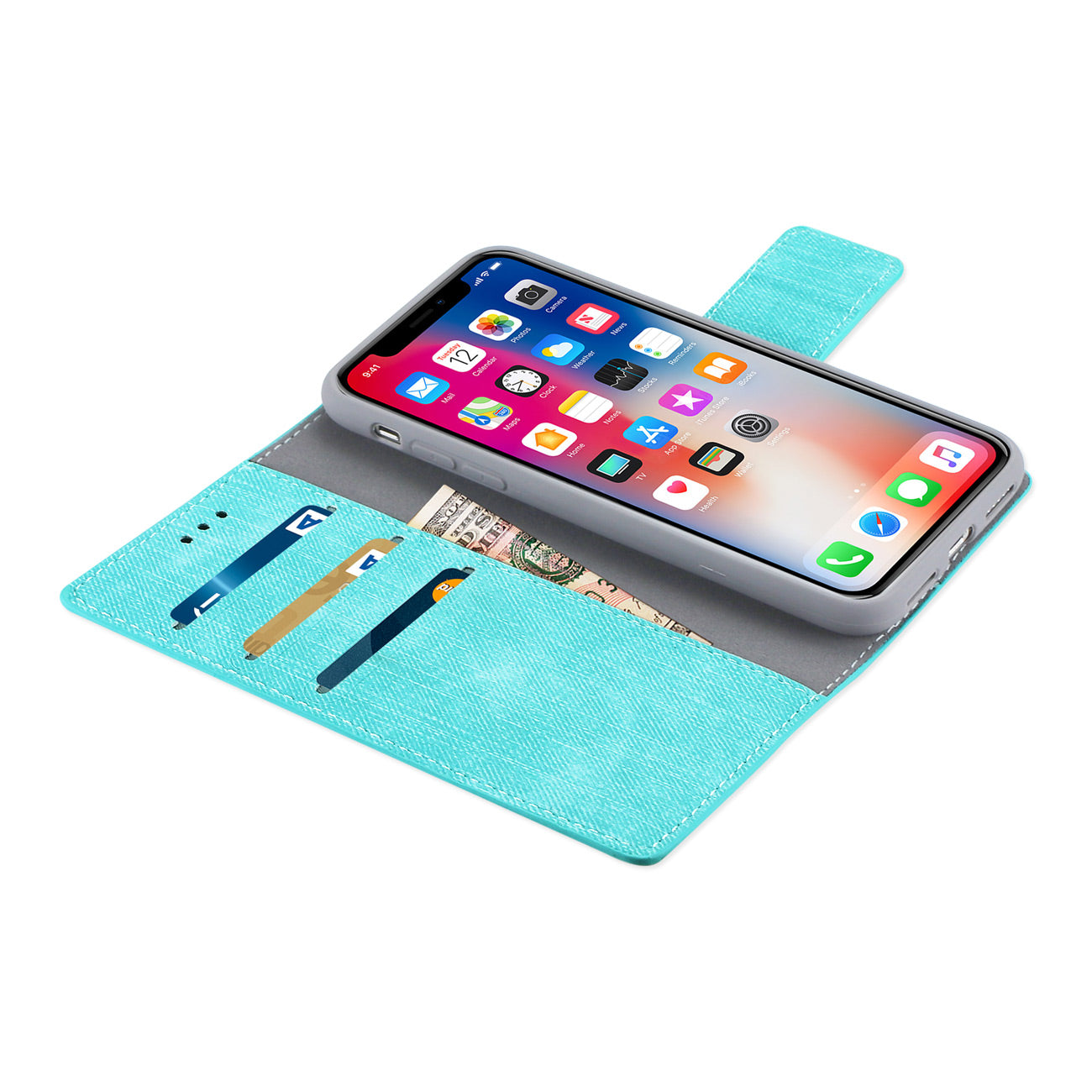 REIKO iPhone X/iPhone XS DENIM WALLET CASE WITH GUMMY INNER SHELL AND KICKSTAND FUNCTION IN BLUE