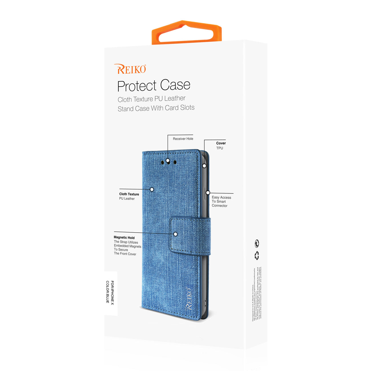 REIKO iPhone X/iPhone XS DENIM WALLET CASE WITH GUMMY INNER SHELL AND KICKSTAND FUNCTION IN BLUE