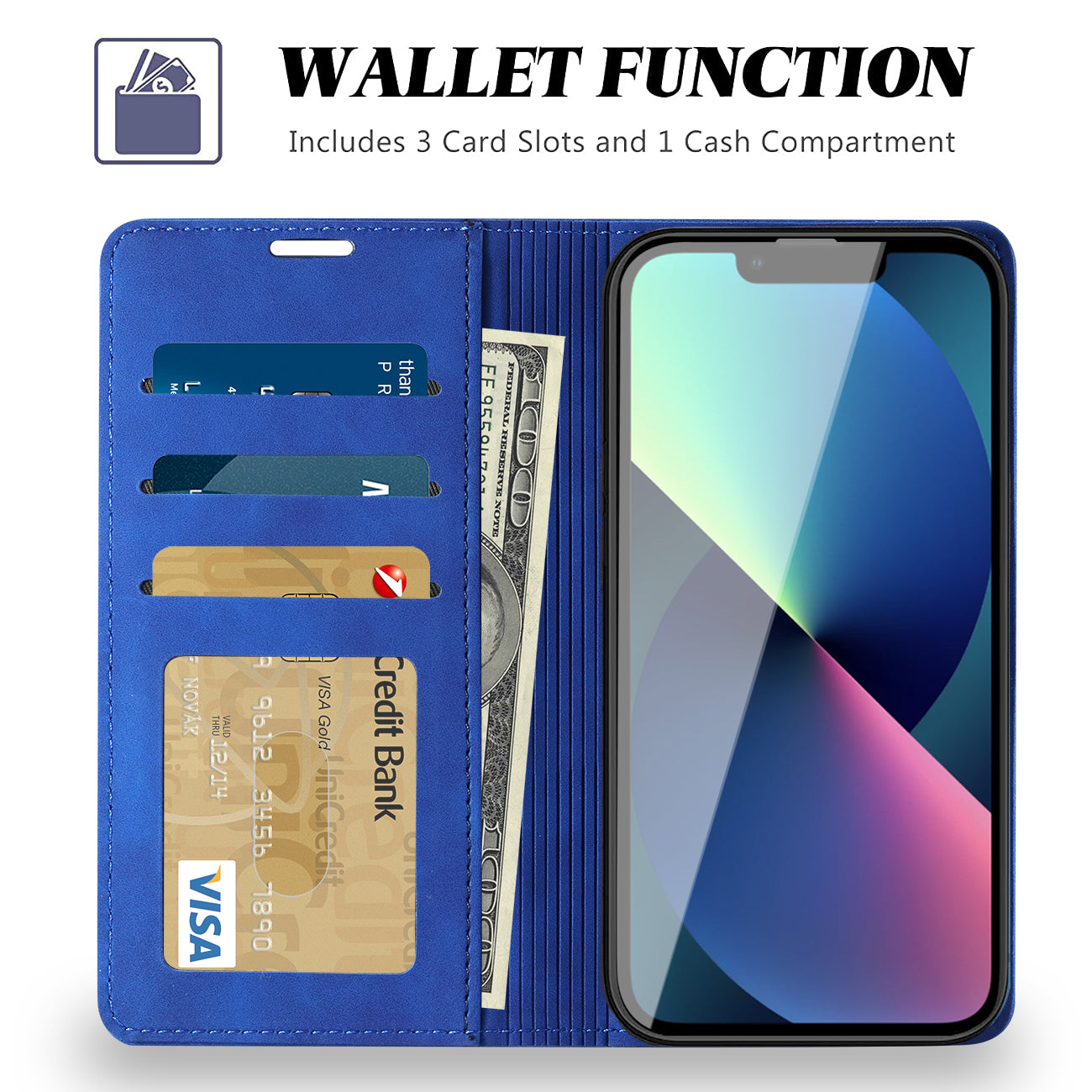 Magnetic wallet  Leather phone case For Apple iPhone 13 Mini (Blue)