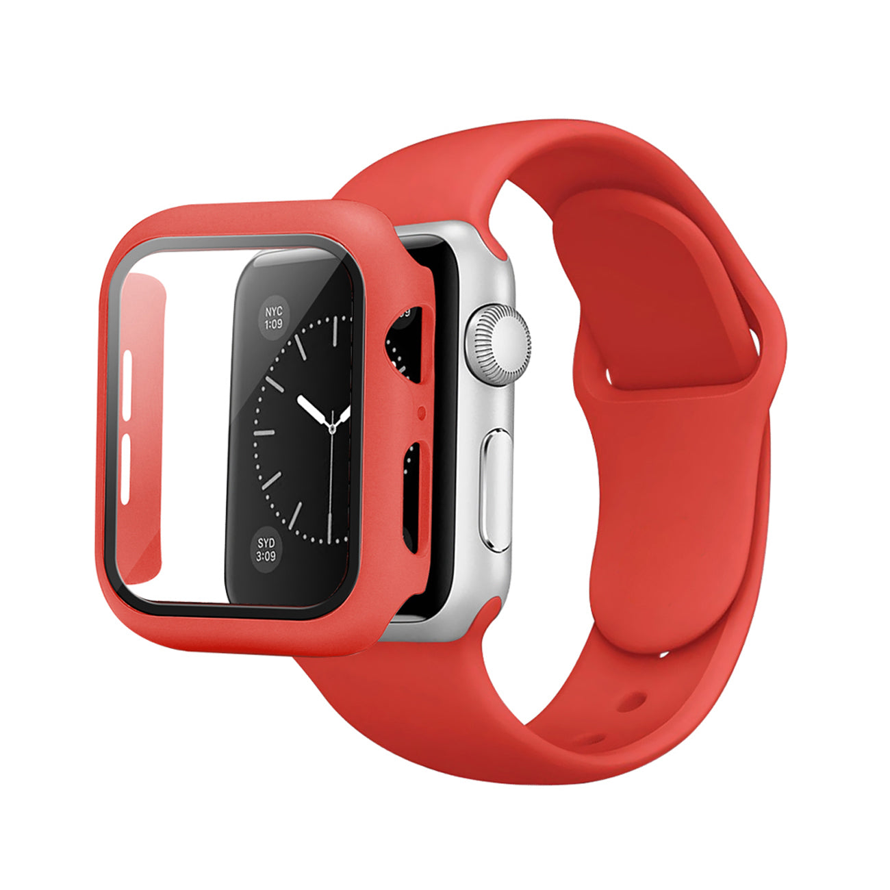 Red Color PC Watch Case With Glass Screen Protector and Silicone Watch Band for Apple Watch 38mm