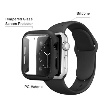 Black Color PC Watch Case With Glass Screen Protector and Silicone Watch Band for Apple Watch 41mm