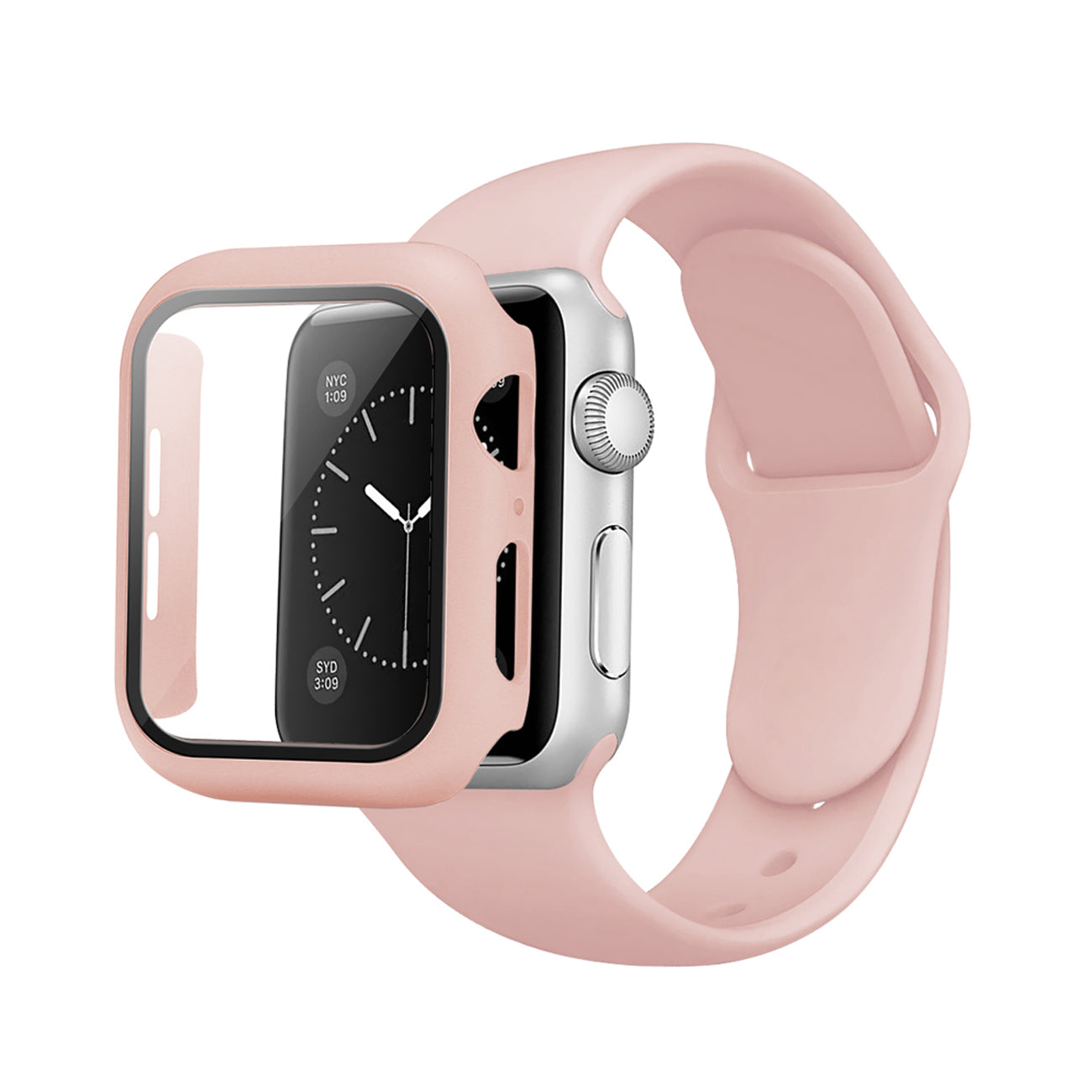 Pink Color PC Watch Case With Glass Screen Protector and Silicone Watch Band for Apple Watch 41mm