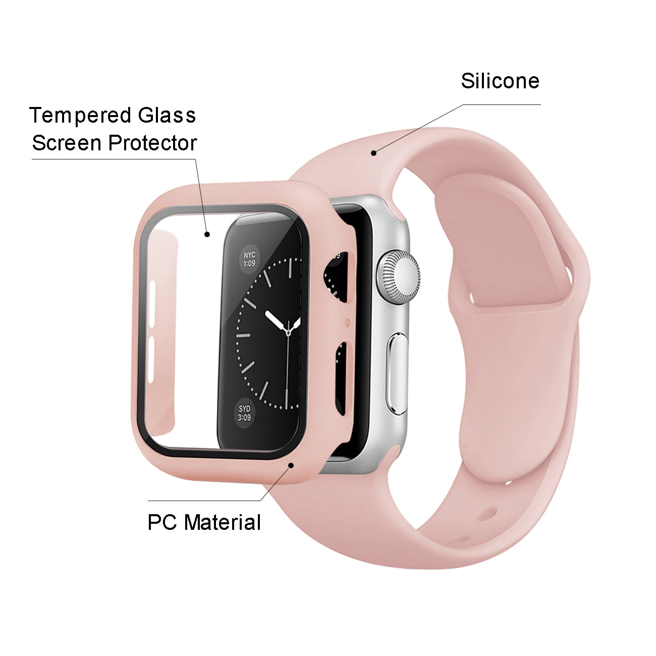 Pink Color PC Watch Case With Glass Screen Protector and Silicone Watch Band for Apple Watch 41mm