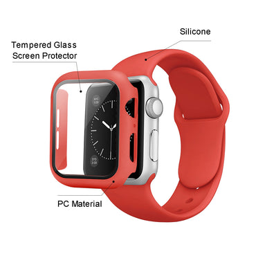 Red Color PC Watch Case With Glass Screen Protector and Silicone Watch Band for Apple Watch 41mm