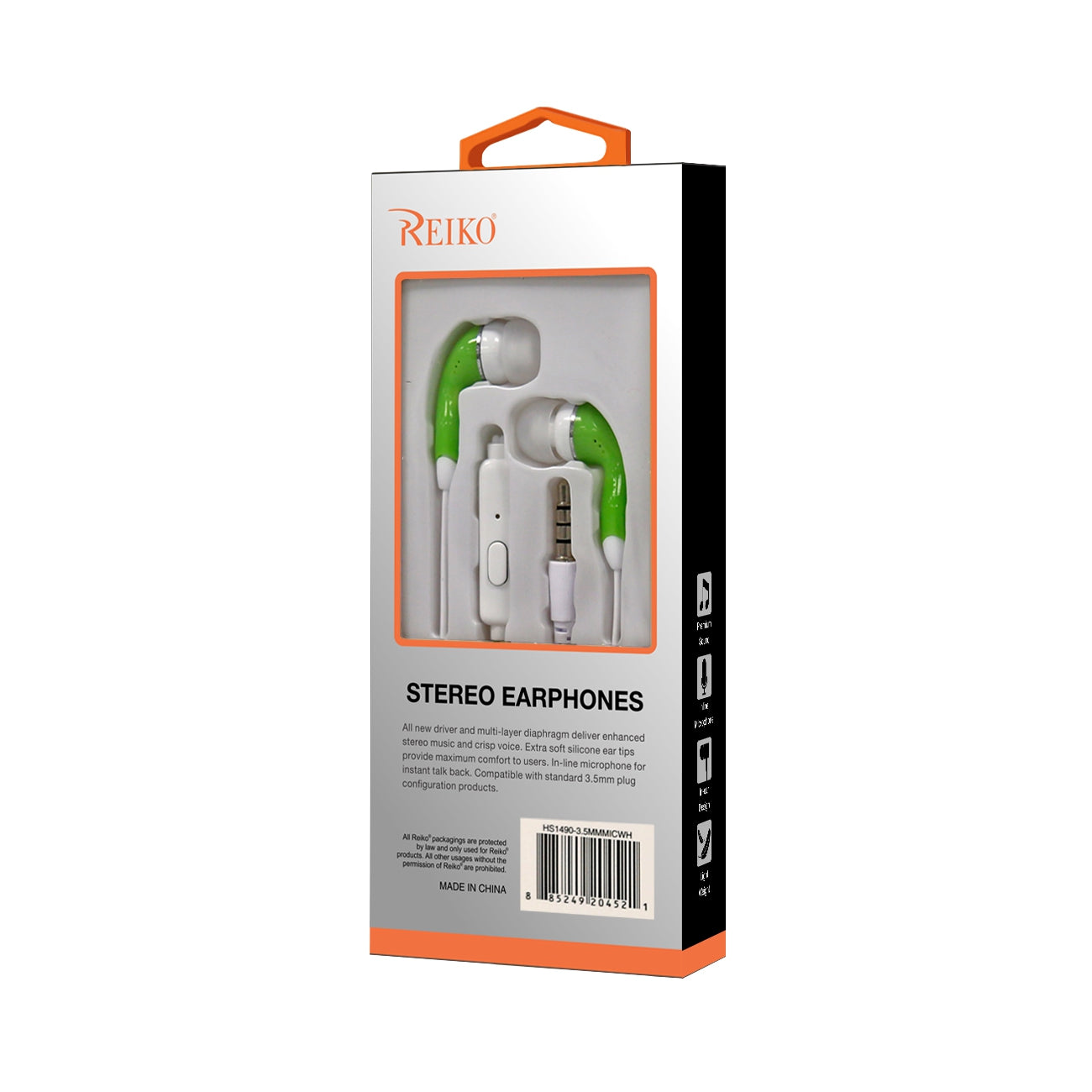 HS1480-35MMMICGR REIKO IN-EAR HEADPHONES WITH MIC IN GREEN