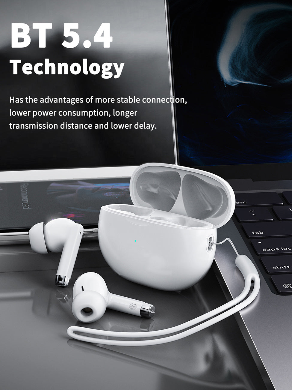 320mAh Type-C white Clear sound long battery life wireless earbuds True Wireless Stereo in white SKU:BT-VD052WH