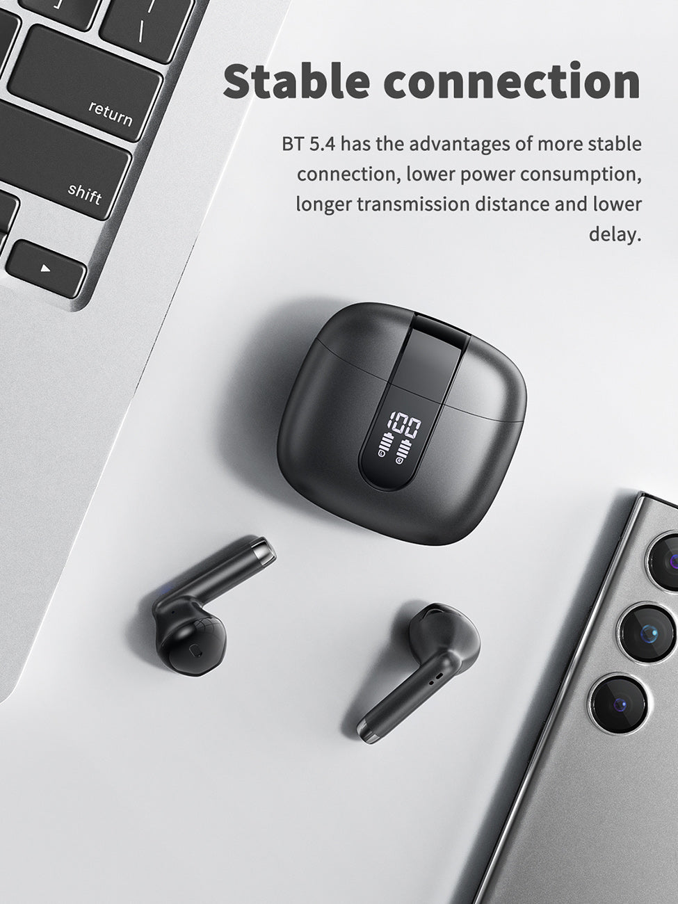 320mAh BT 5.4 Type-C black Clear sound black long battery life wireless earbuds True Wireless Stereo