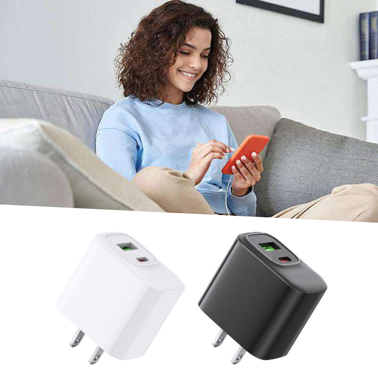 Fast charging18W 30W US power delivery Travel Charger with Type- C and USB A Ports In white SKU:WC-VD012WH