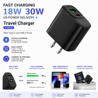 Fast charging18W 30W US power delivery Travel Charger with Type- C and USB A Ports In black SKU:WC-VD012BK