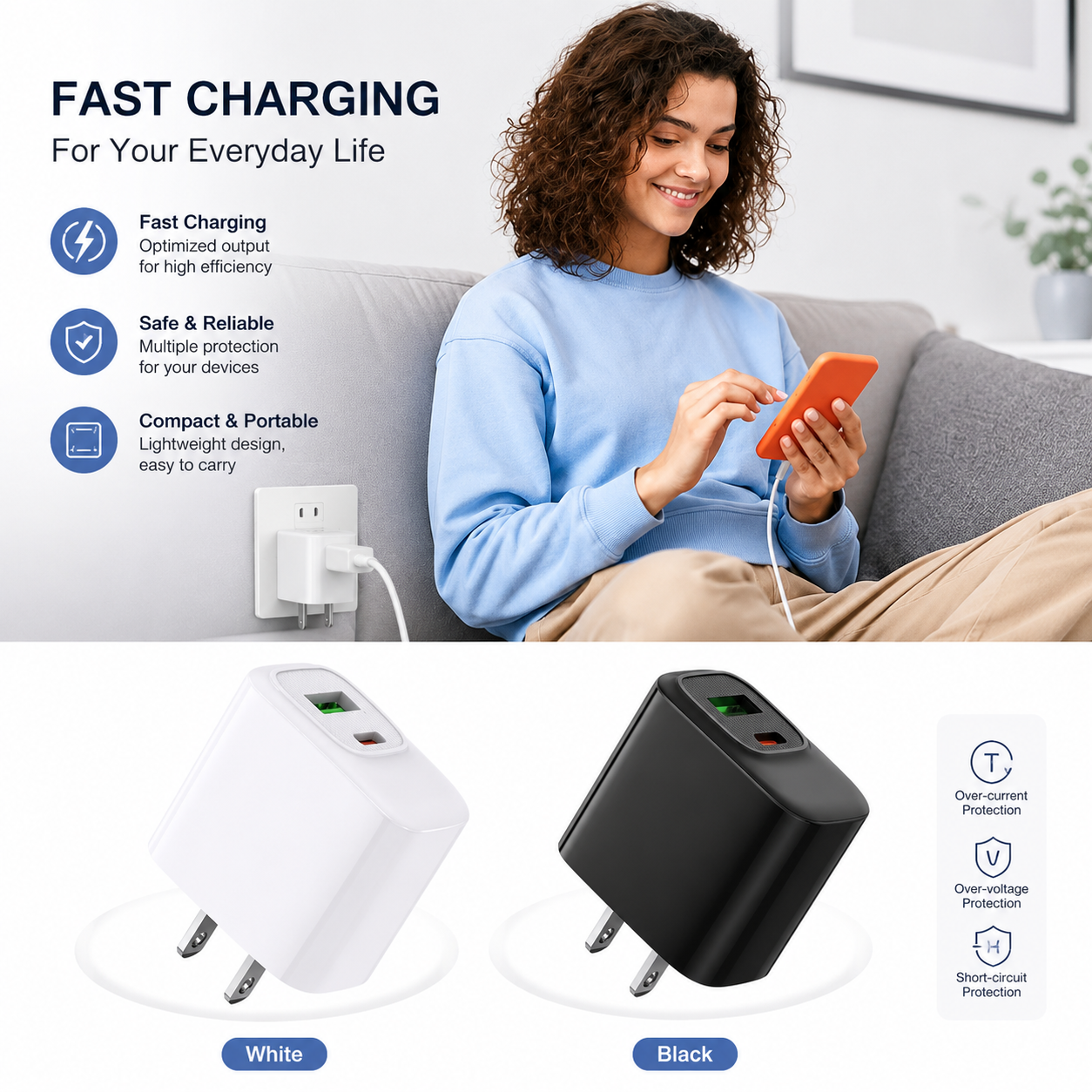 Fast charging18W 30W US power delivery Travel Charger with Type- C and USB A Ports In white SKU:WC-VD012WH