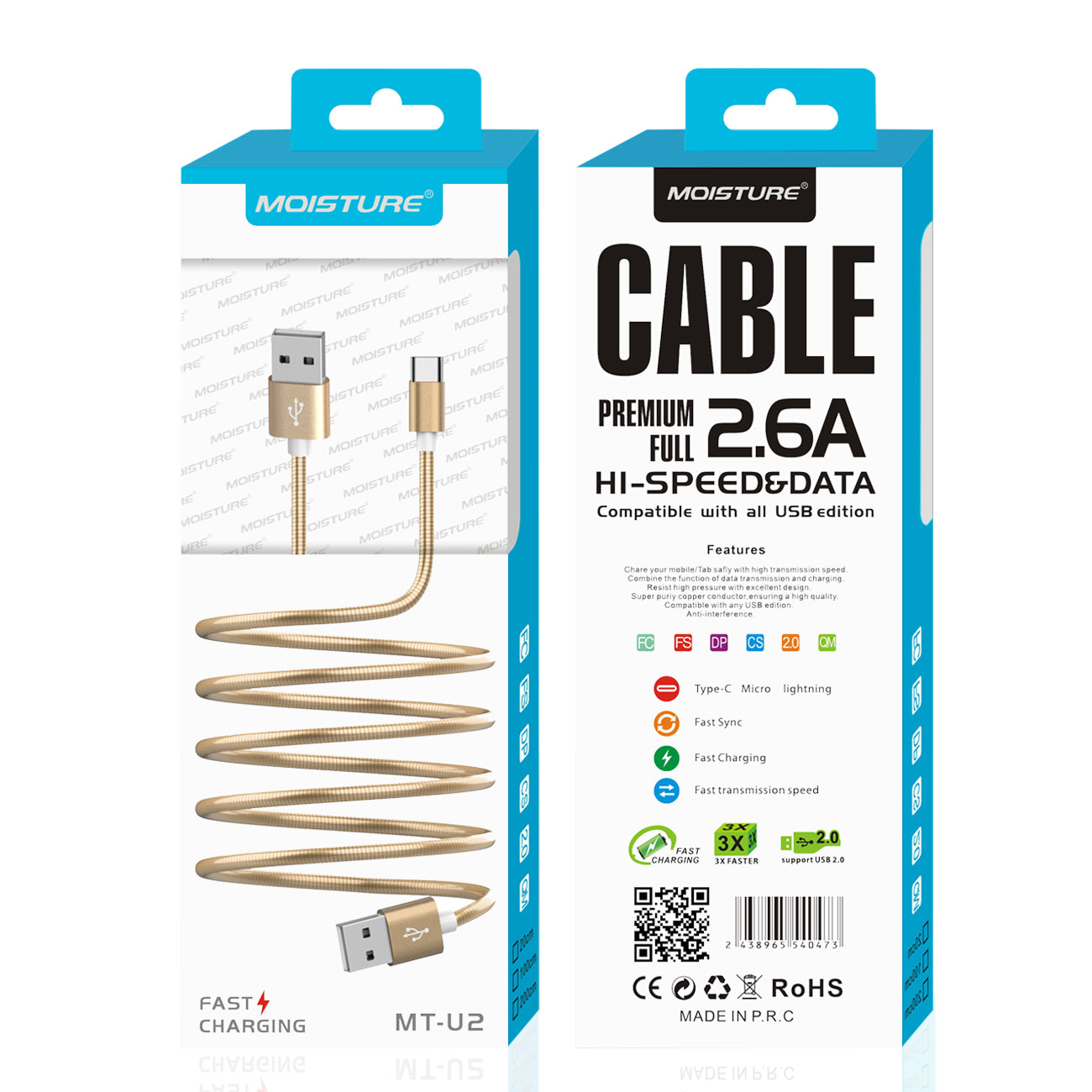 Moisture 2.6A Premium Full Hi-Speed USB A To USB Type C Data Cable In Gold