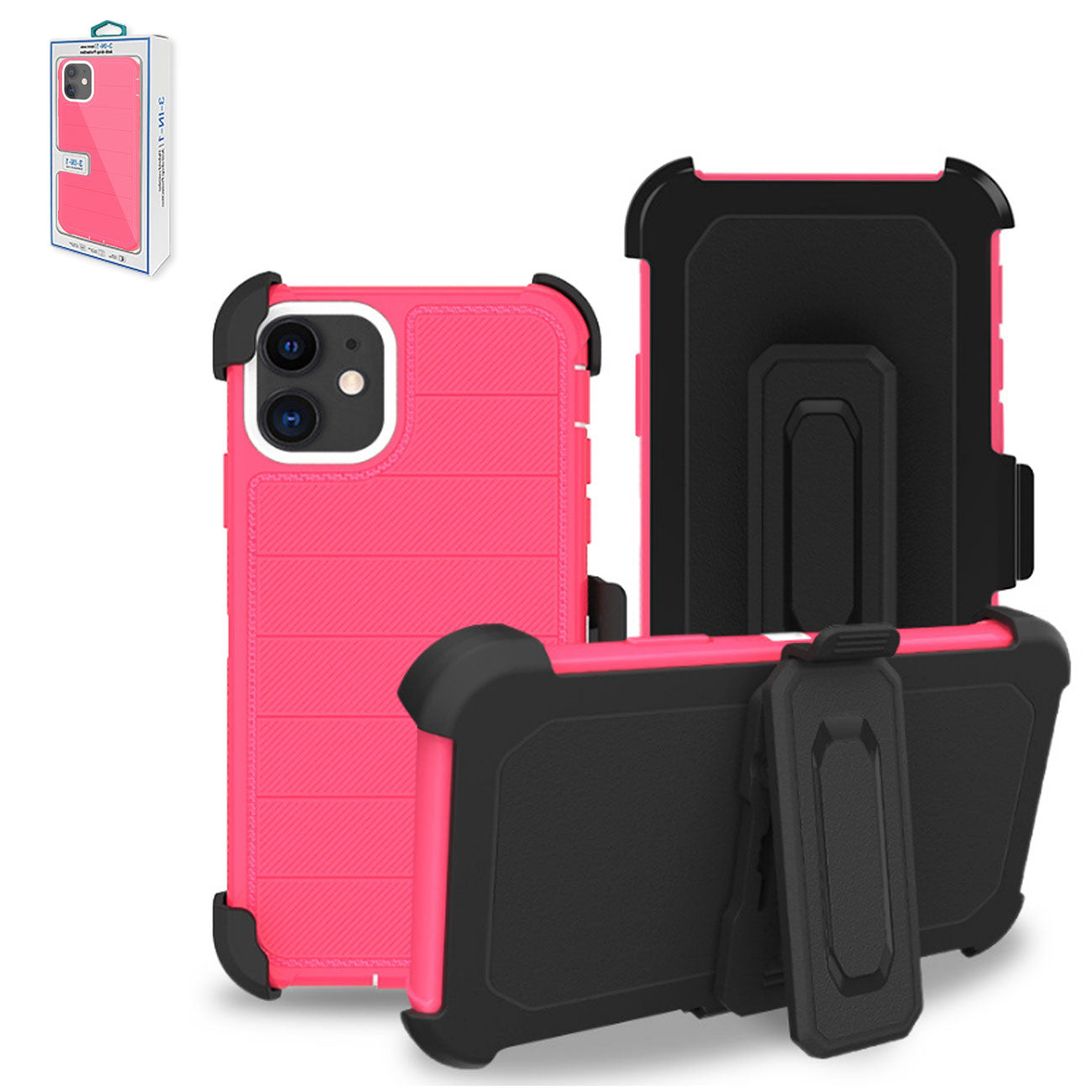 3-In-1 Hybrid Heavy Duty Holster Combo Case For APPLE IPHONE 11 In Hot Pink