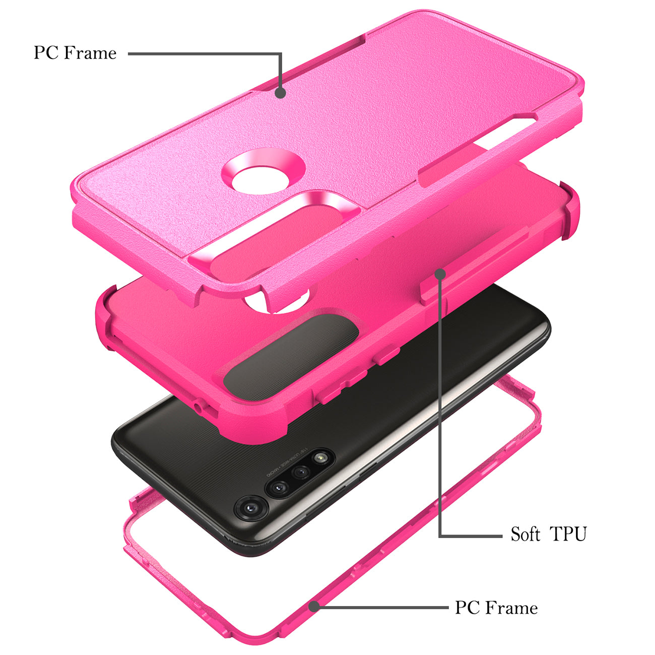 3in1 Hybrid Heavy Duty Defender Rugged Armor Military Grade Case MOTOROLA G POWER 2020 In Hot pink