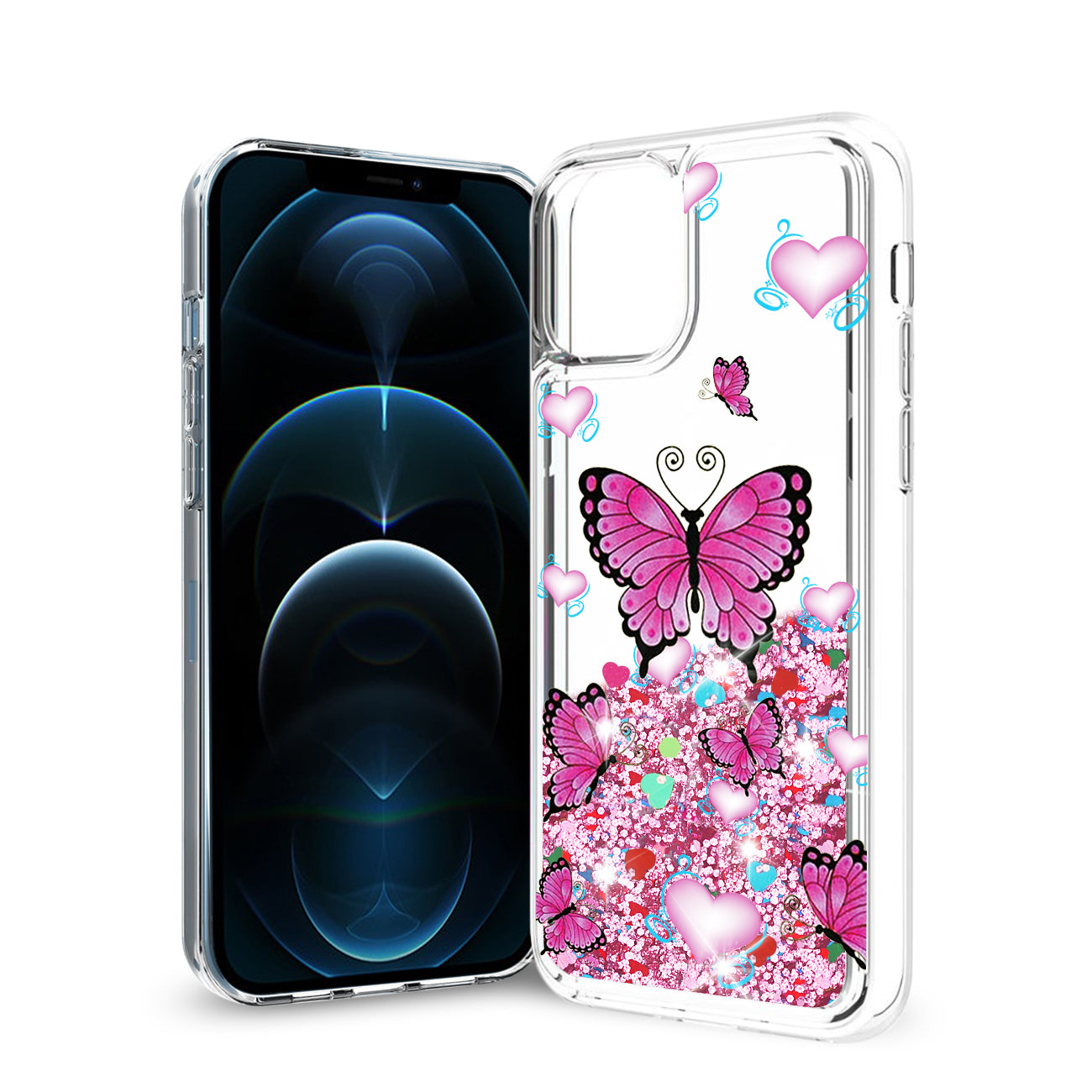 Reiko iPhone 12 / 12 Pro Glitter Case Moving Quicksand Pink Butterfly