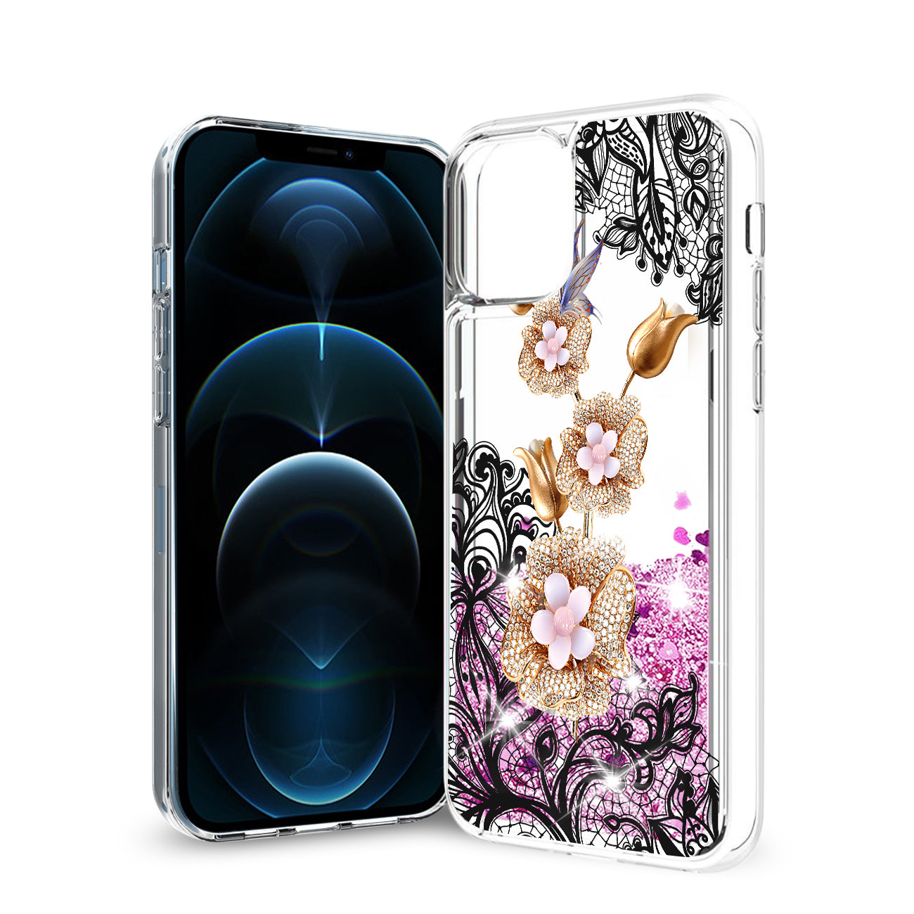 Reiko iPhone 12 / 12 Pro Glitter Case Moving Quicksand Pink Floral Gold Petals