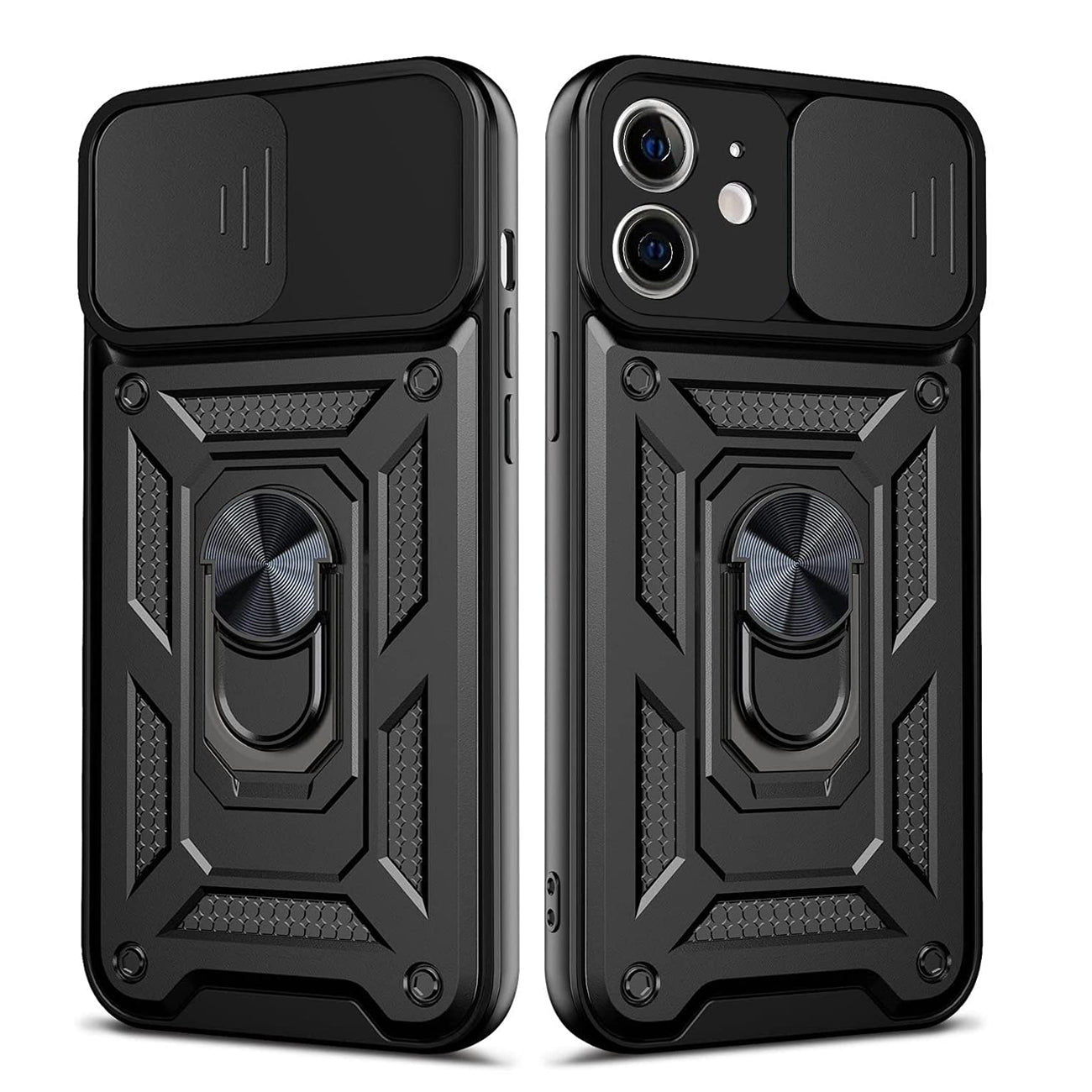 Kickstand Ring Holder with Slide Camera Cover TPU Shockproof Case and Magnetic Car Mount for APPLE IPHONE 12/IPHONE 12 PRO In Black