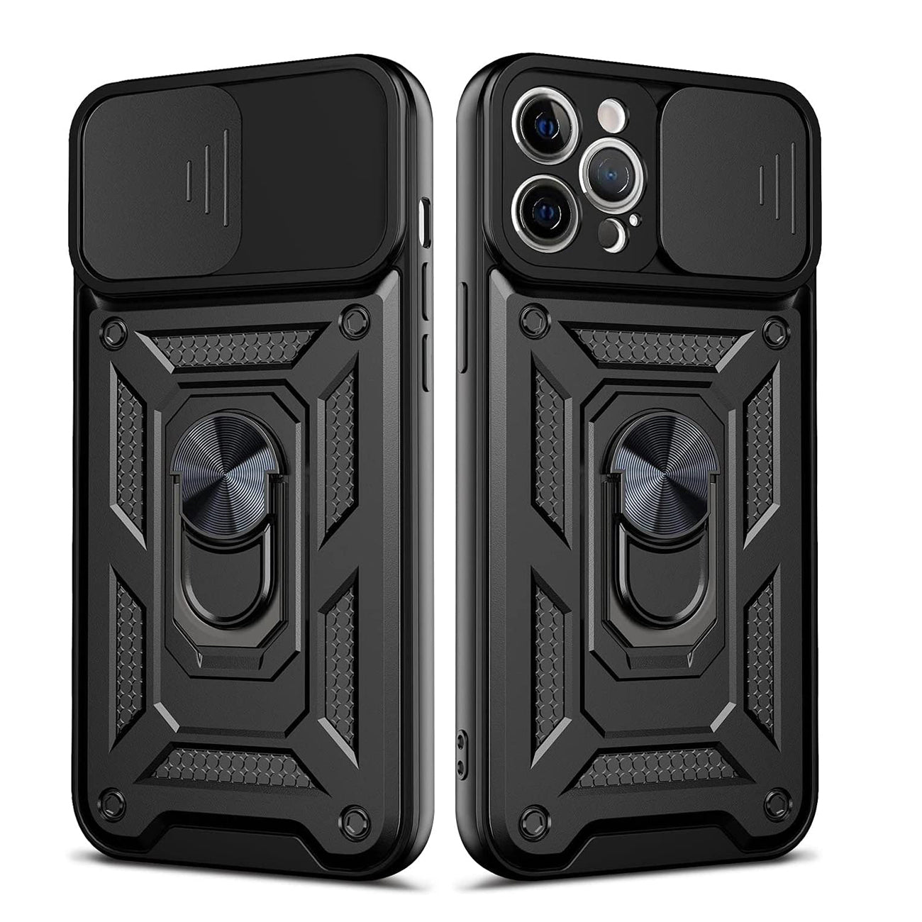 Kickstand Ring Holder with Slide Camera Cover TPU Shockproof Case and Magnetic Car Mount for APPLE IPHONE 12 PRO MAX In Black