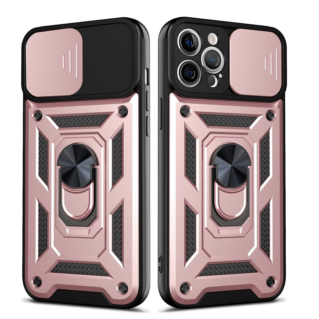 Kickstand Ring Holder with Slide Camera Cover TPU Shockproof Case and Magnetic Car Mount for APPLE IPHONE 12 PRO MAX In Rose Gold