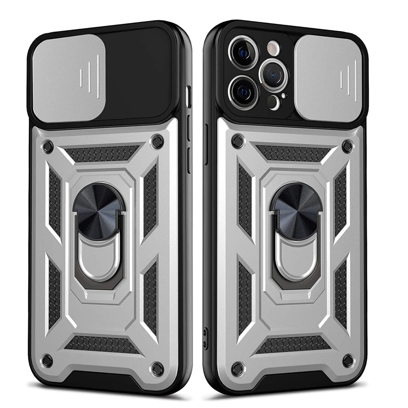 Kickstand Ring Holder with Slide Camera Cover TPU Shockproof Case and Magnetic Car Mount for APPLE IPHONE 12 PRO MAX In Silver