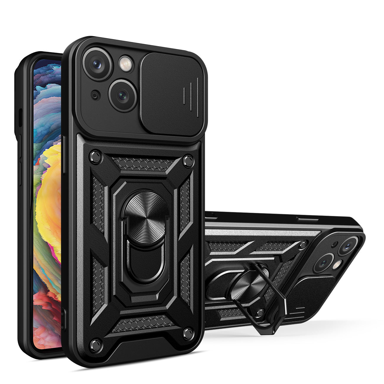 Kickstand Ring Holder with Slide Camera Cover TPU Magnetic Car Mount for APPLE IPHONE 14 PLUS In Black
