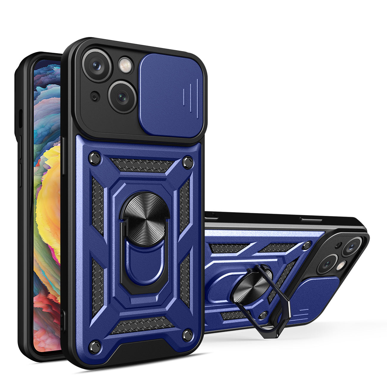 Kickstand Ring Holder with Slide Camera Cover TPU Magnetic Car Mount for APPLE IPHONE 14 PLUS In Blue
