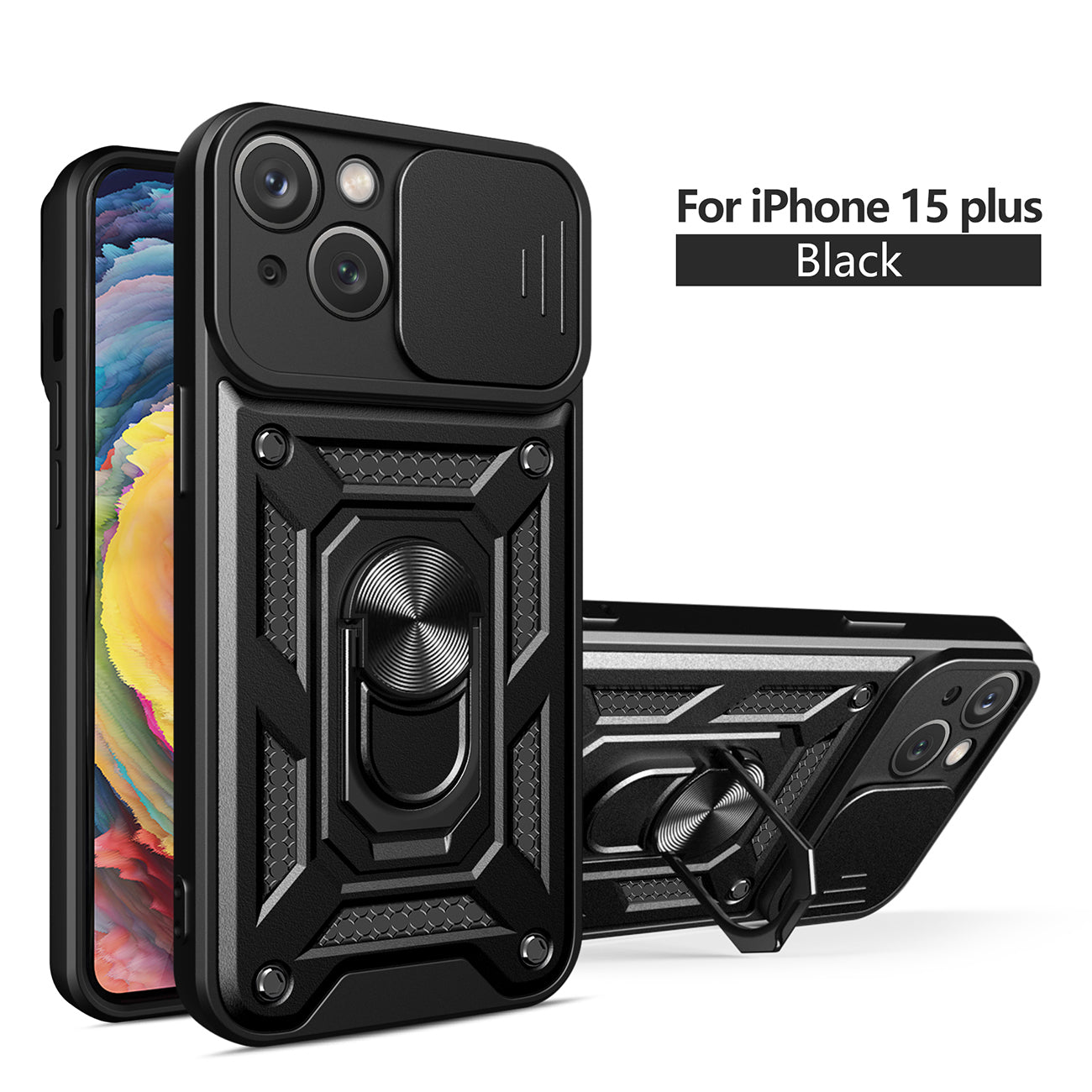 Kickstand Ring Holder with Slide Camera Cover TPU Magnetic Car Mount for APPLE IPHONE 15 PLUS In Black