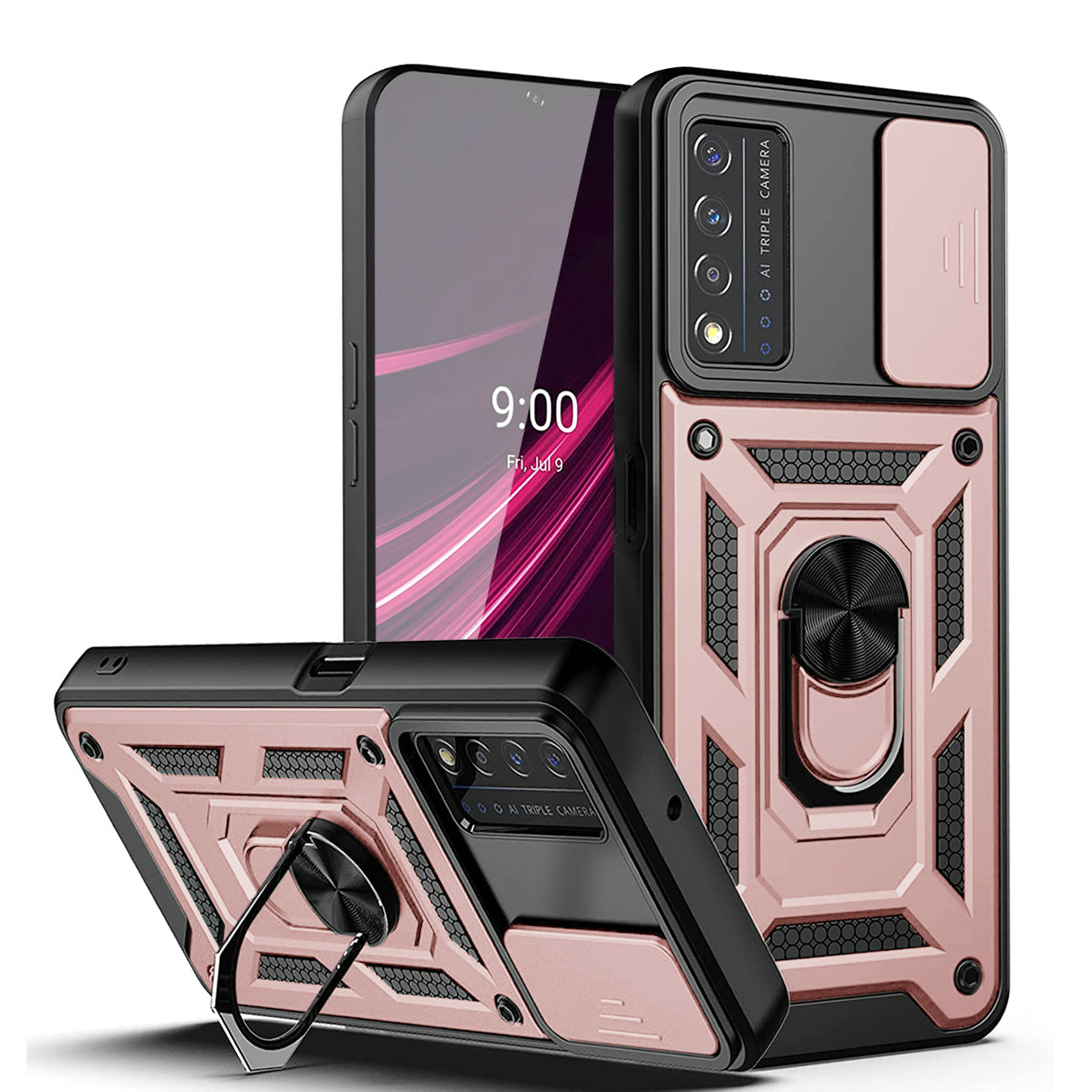 Kickstand Ring Holder & Slide Camera Cover Magnetic Car Mount for REVVL V PLUS 5G In Rose gold