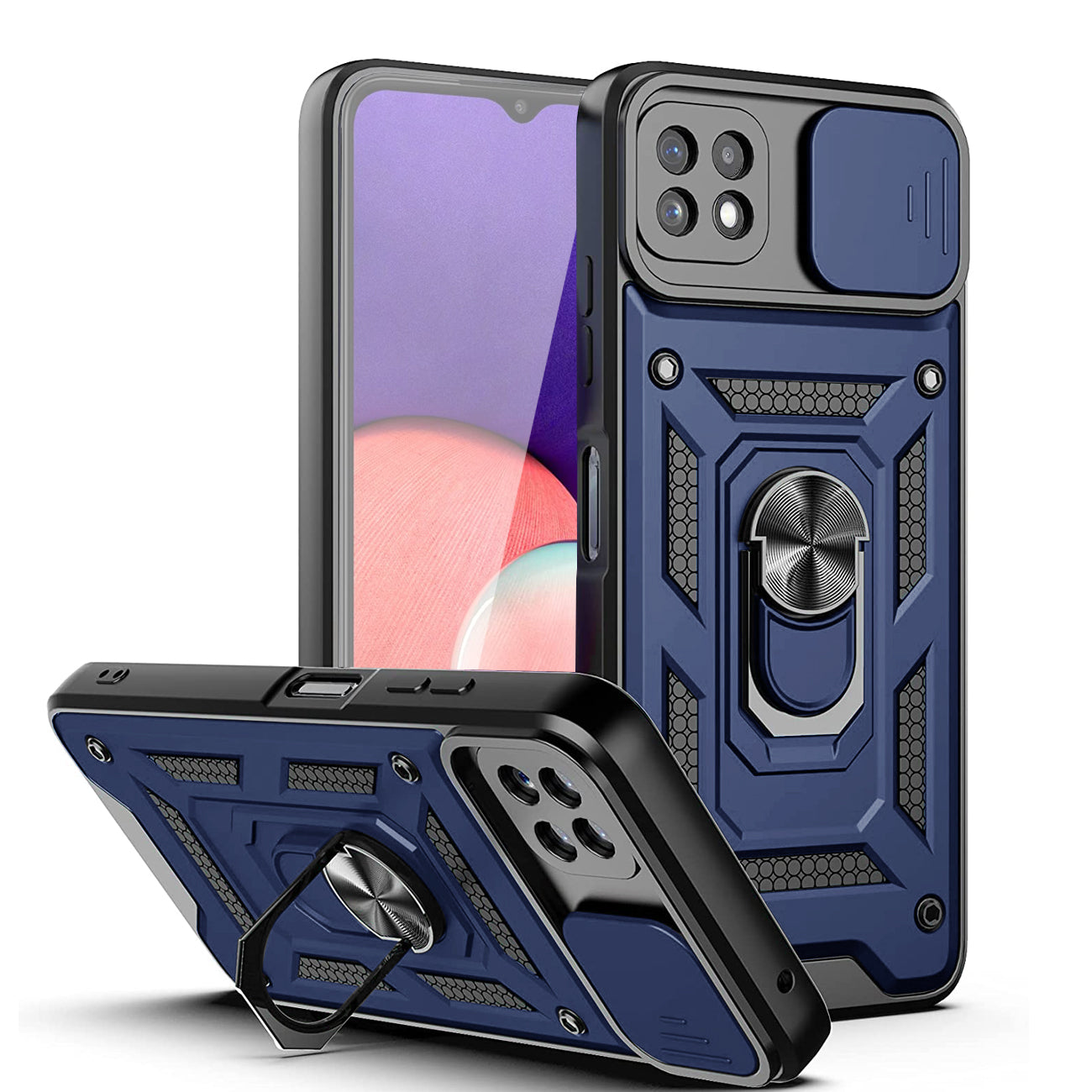 Kickstand Ring Holder with Slide Camera Cover TPU Magnetic Car Mount for GALAXY A22 5G In Blue