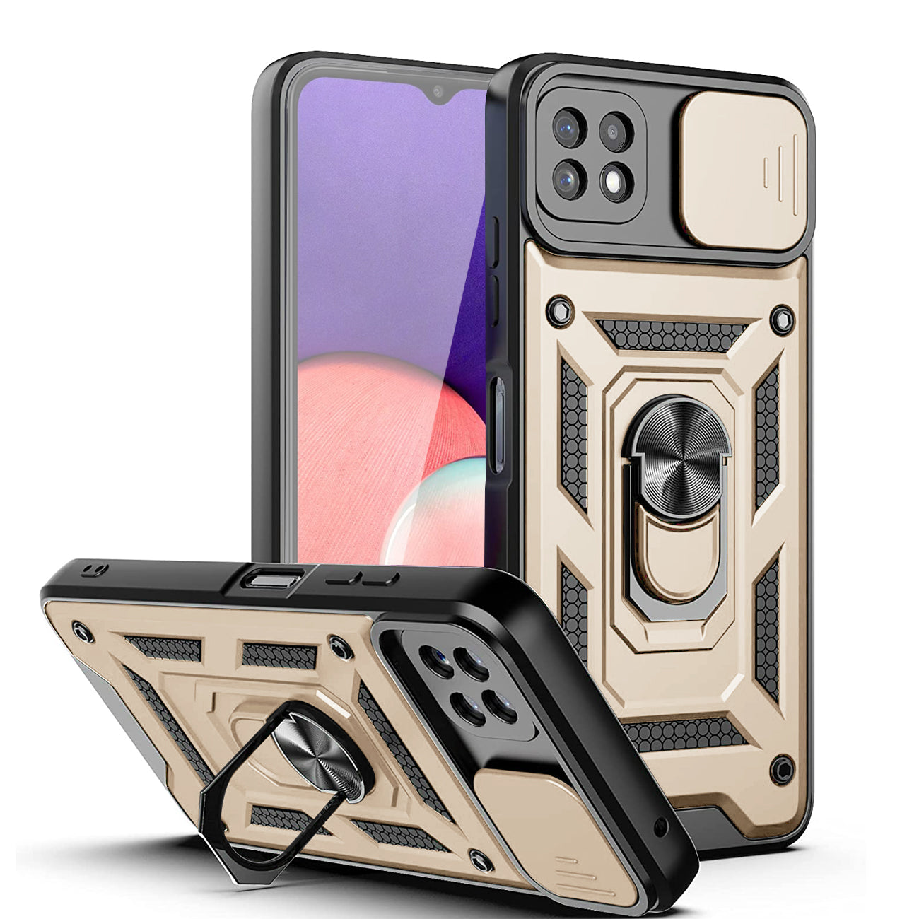 Kickstand Ring Holder with Slide Camera Cover TPU Magnetic Car Mount for GALAXY A22 5G In Gold