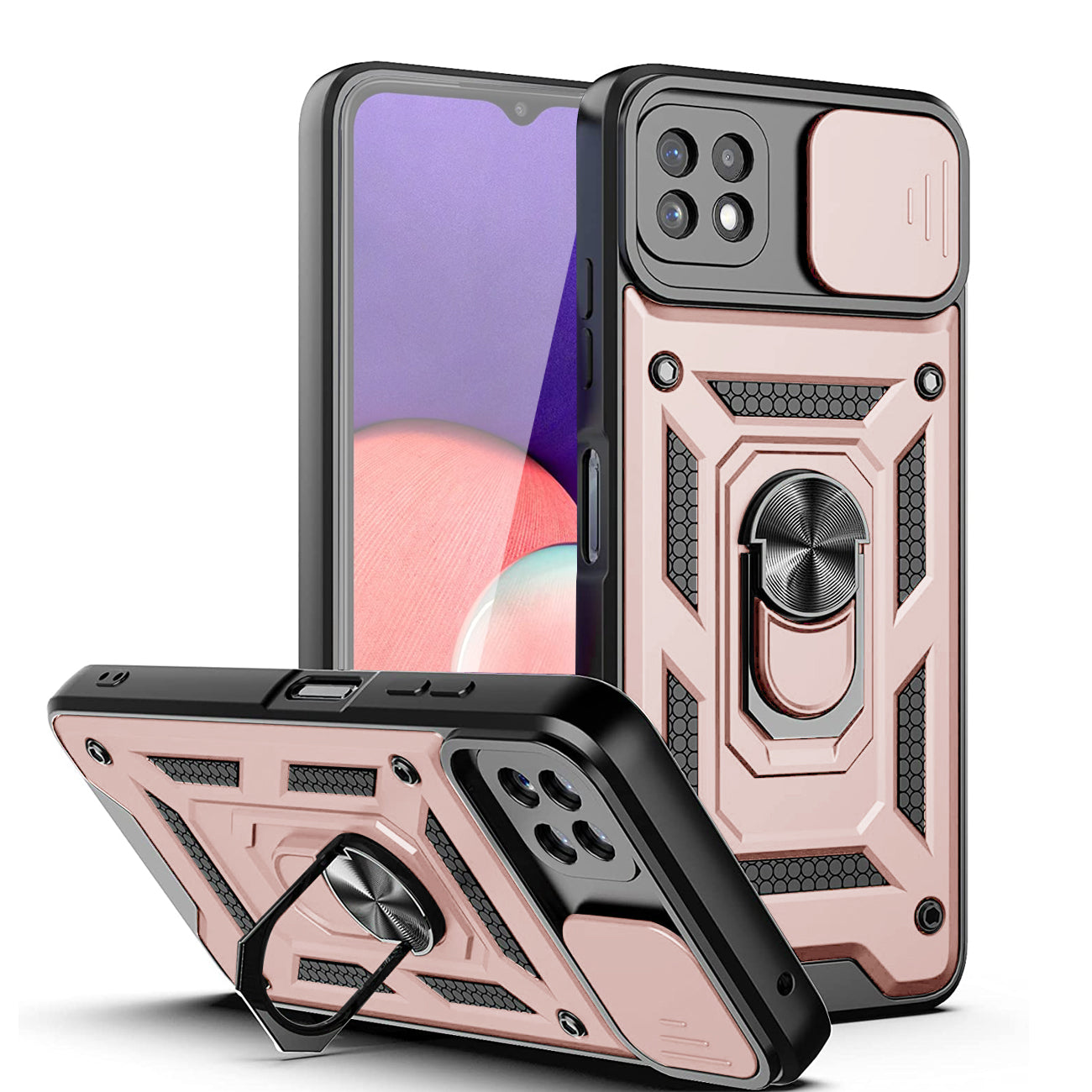 Kickstand Ring Holder with Slide Camera Cover TPU Magnetic Car Mount for GALAXY A22 5G In Rose gold