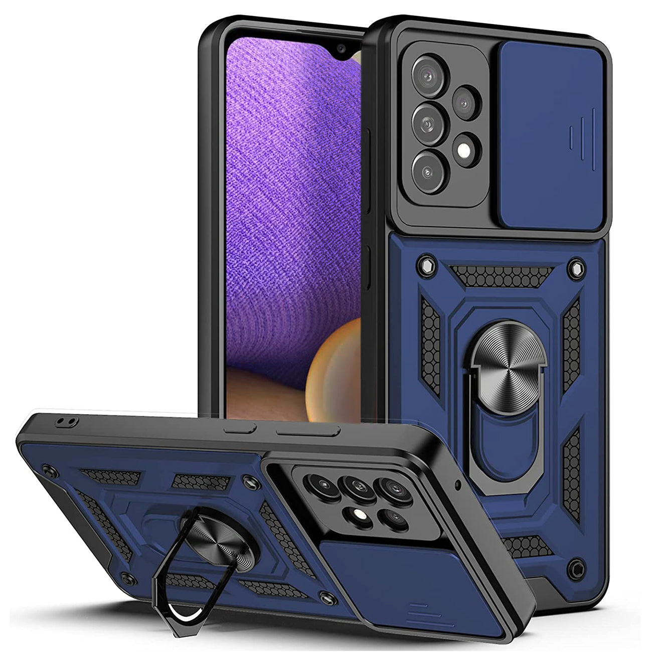 Kickstand Ring Holder with Slide Camera Cover TPU Shockproof Case and Magnetic Car Mount for SAMSUNG GALAXY A52 5G In Blue