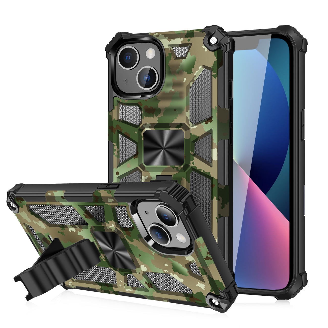 Built-in Kickstand TPU Case with Magnetic Mount for APPLE IPHONE 13 in Camouflage