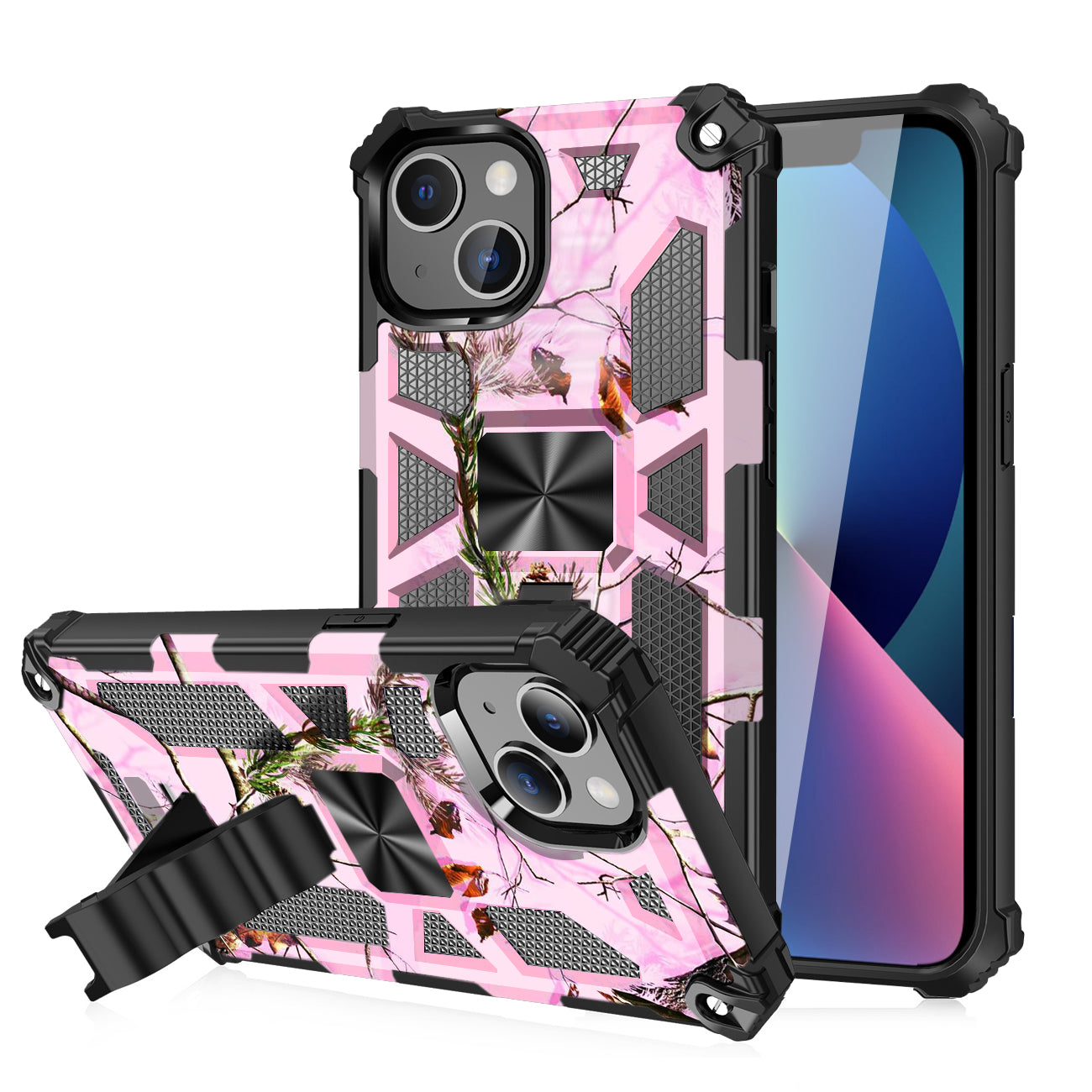 Built-in Kickstand TPU Case with Magnetic Mount for APPLE IPHONE 13 in Tree leaf patterns
