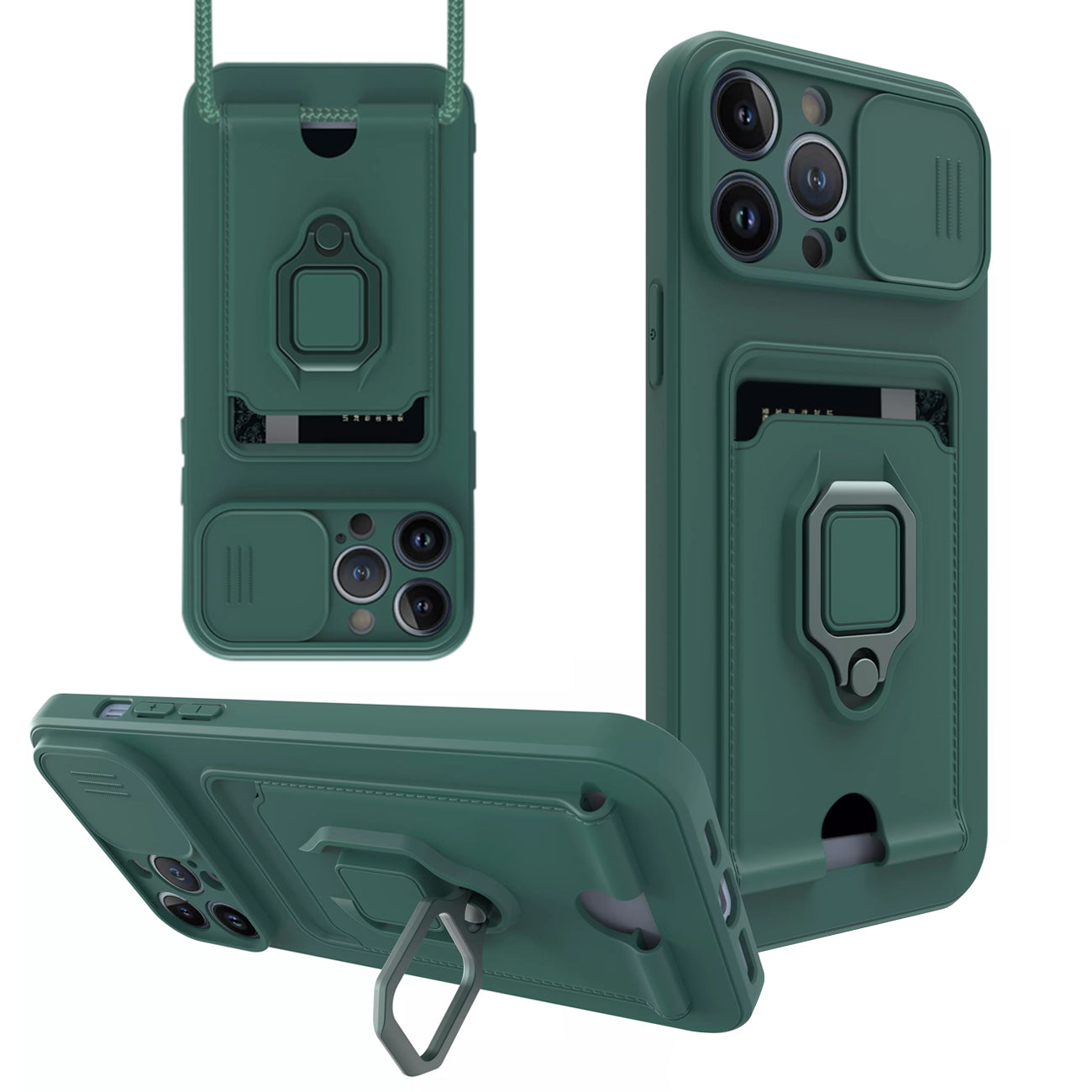 High Quality iPhone 13 Pro Case with Camera cover, Kickstand, Slide lens protection, Magnetic ring stand, Crossbody strap and Card holder In Green