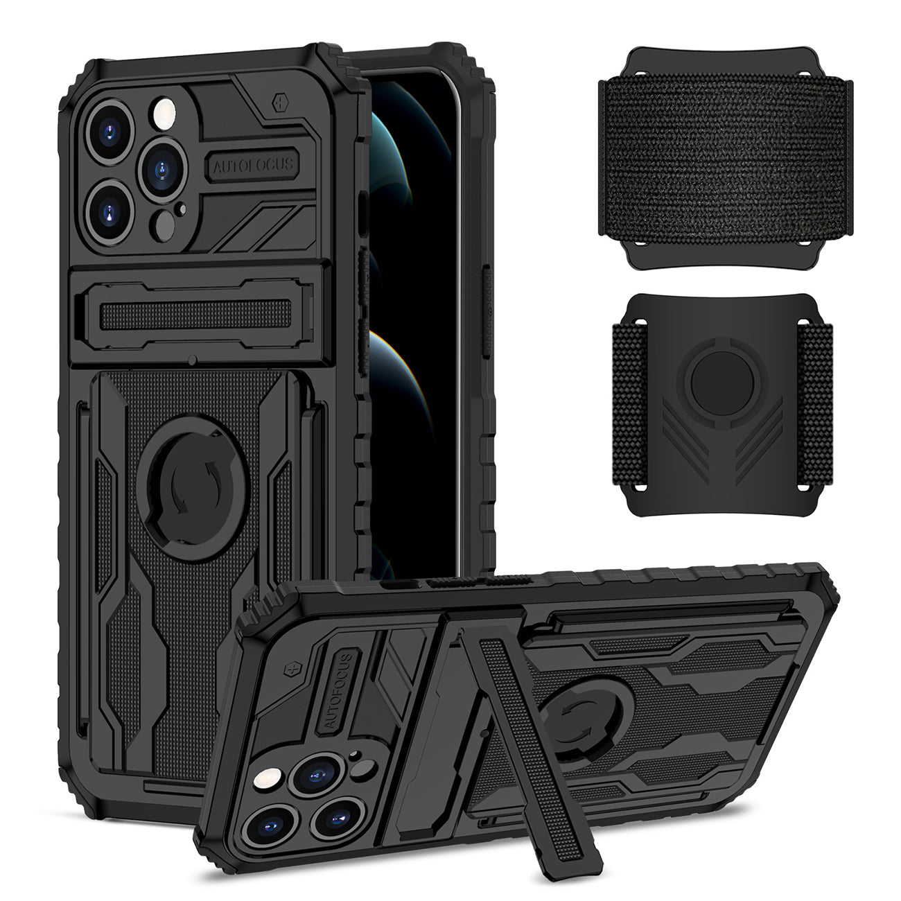 High Elastic Plastic iPhone 12 Max Case with Kickstand, Sports Mobile Wristband and Card Slot In Black