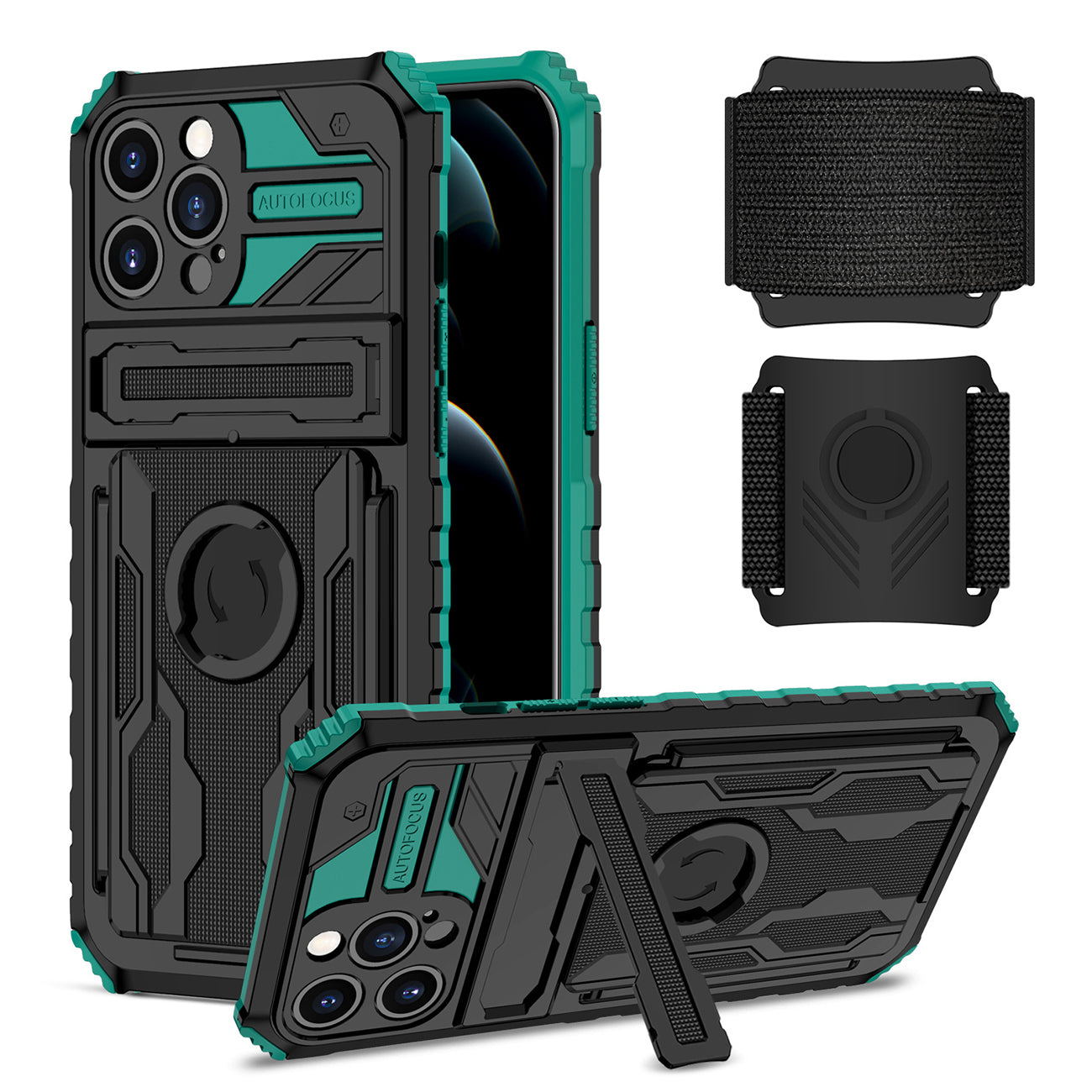 High Elastic Plastic iPhone 12 Pro Case with Kickstand, Sports Mobile Wristband and Card Slot In Green