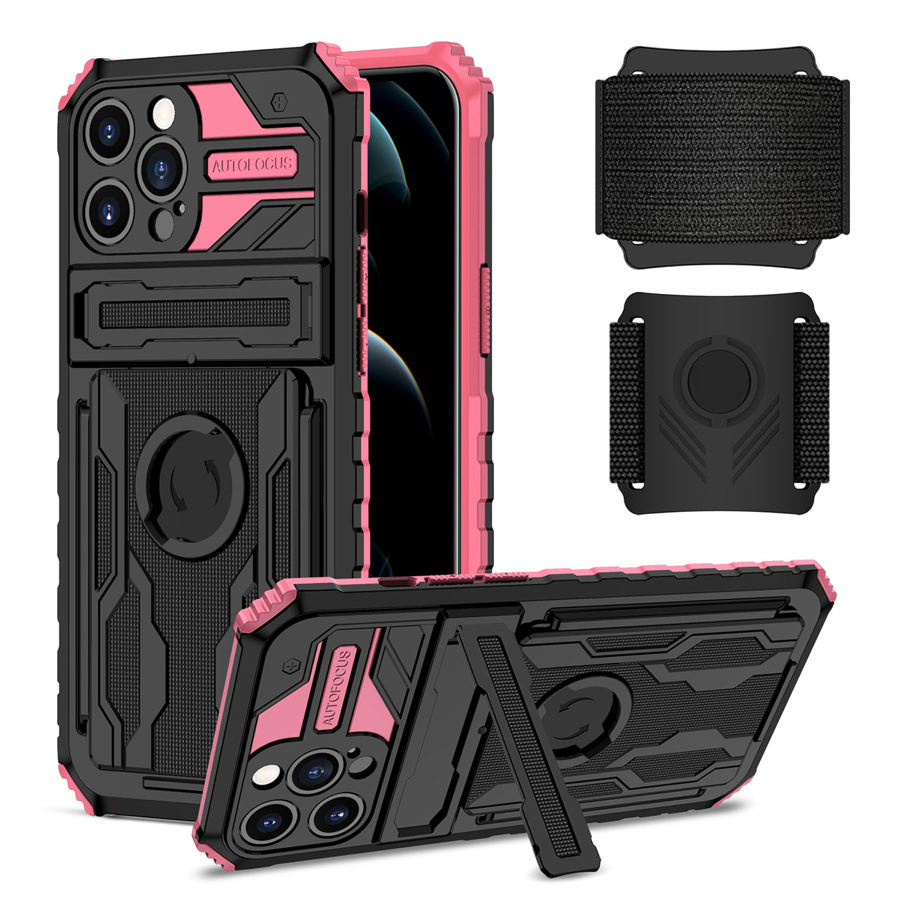 High Elastic Plastic iPhone 12 Pro Case with Kickstand, Sports Mobile Wristband and Card Slot In Pink