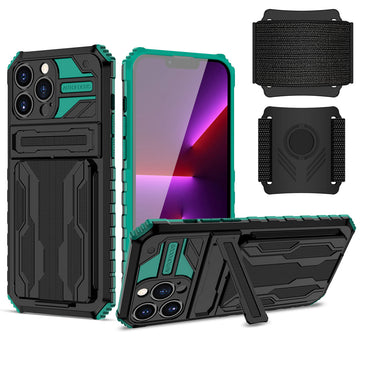 High Elastic Plastic iPhone 13 Max Case with Kickstand, Sports Mobile Wristband and Card Slot In Green