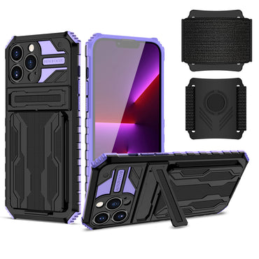 High Elastic Plastic iPhone 13 Max Case with Kickstand, Sports Mobile Wristband and Card Slot In Purple