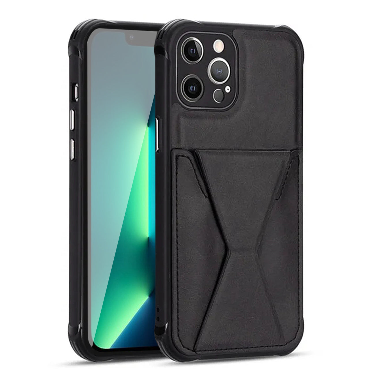 TPU Leather Phone Case for Apple iPhone 13 PRO with Card Holder Strap In Black