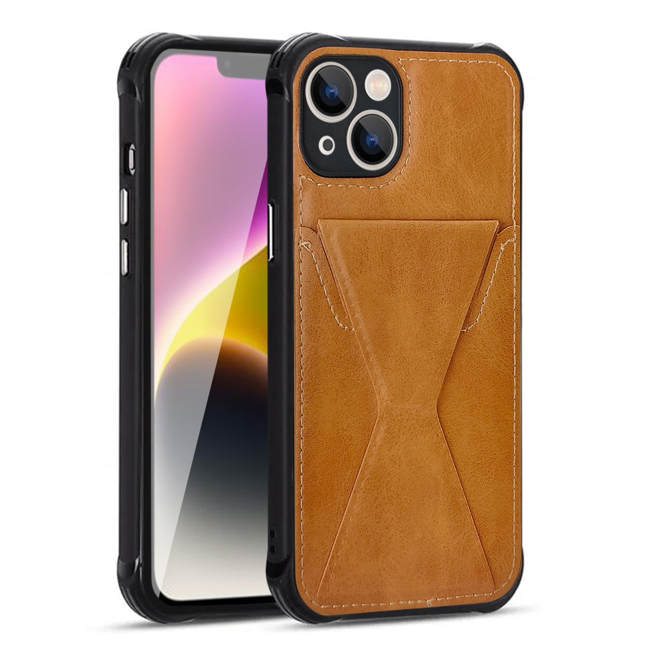 TPU Leather Phone Case for Apple iPhone 14 with Card Holder Strap In Brown