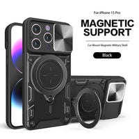 TPU PC Shockproof Magnetic Phone Case with Free Adjustment Ring Holder for IPHONE 15 PRO in Black
