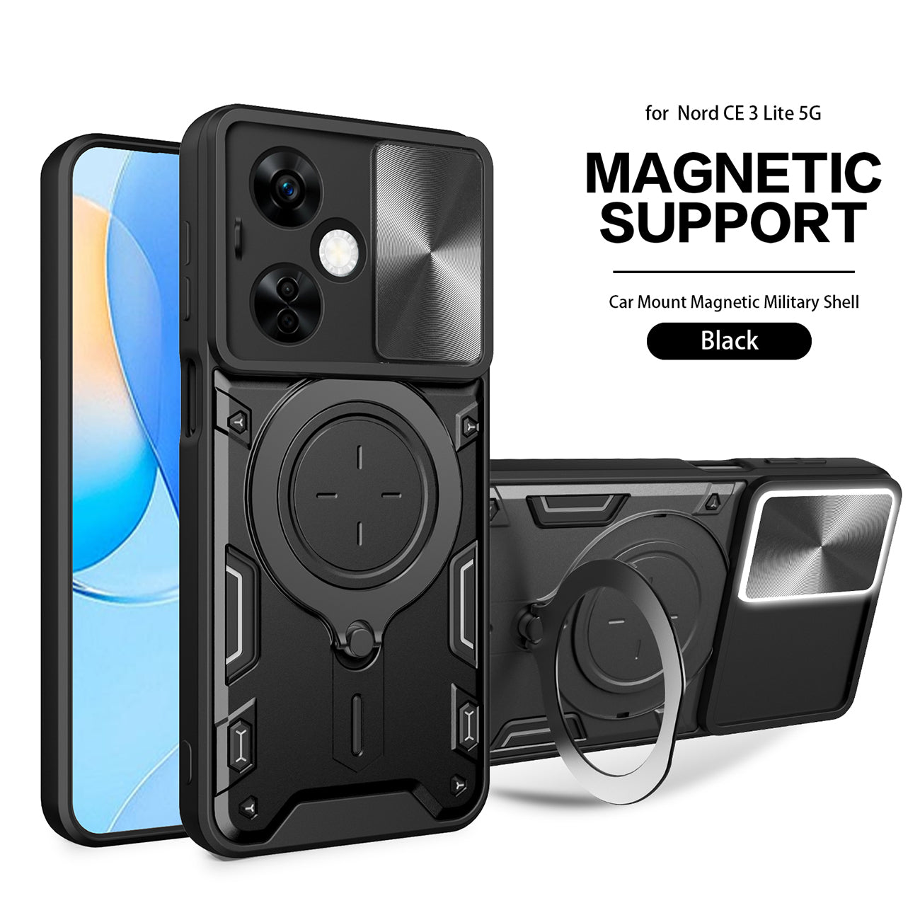 TPU PC Shockproof Magnetic Phone Case with Free Adjustment Ring Holder For ONEPLUS NORD N30 5G in Black