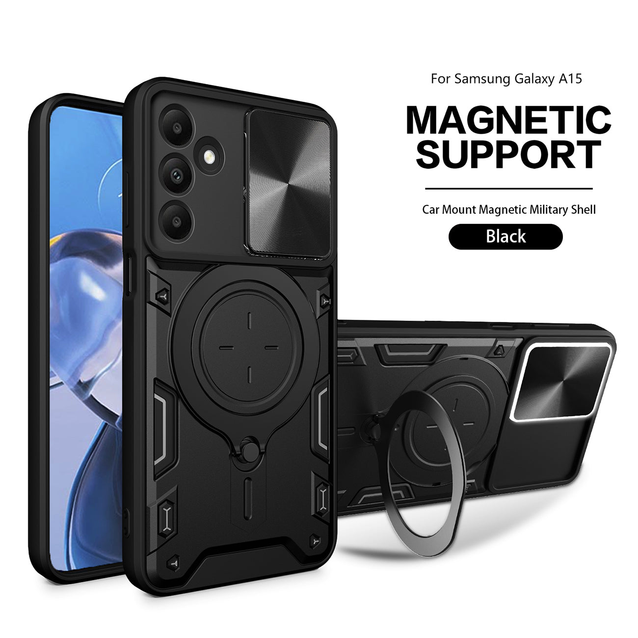 TPU PC Shockproof Magnetic Phone Case For Samsung Galaxy A15 in Black