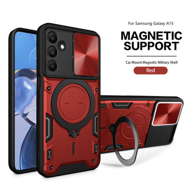 TPU PC Shockproof Magnetic Phone Case with Free Adjustment Ring Holder For Samsung Galaxy A15 in Red