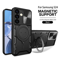 TPU PC Shockproof Magnetic Phone Case with Free Adjustment Ring Holder For Samsung Galaxy S24 in Black