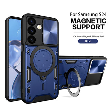 TPU PC Shockproof Magnetic Phone Case with Free Adjustment Ring Holder For Samsung Galaxy S24 in Blue